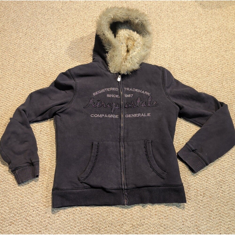 Y2K Aeropostale Faux Fur Lined Hoodie Sweatshirt Womens XL Black Full Zip